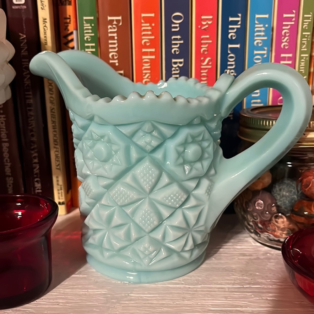 Vintage Fostoria teal blue milk glass creamer